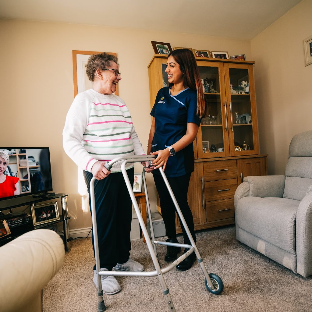 Care stands with home care client.